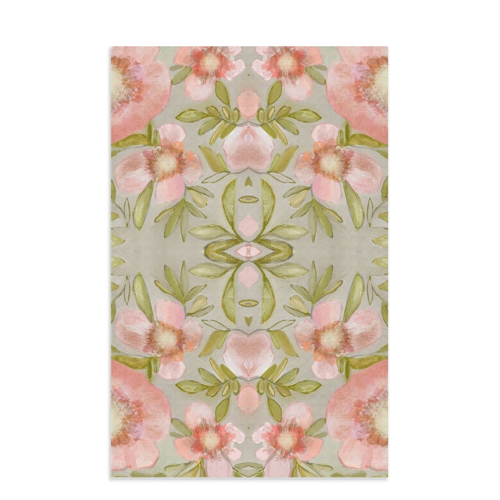 Pink and green floral waffle weave kitchen towel