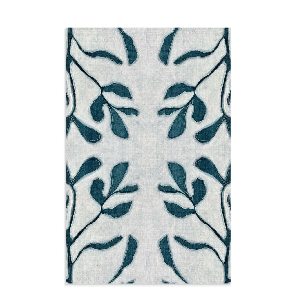 Blue & white twig leaf waffle weave kitchen towel