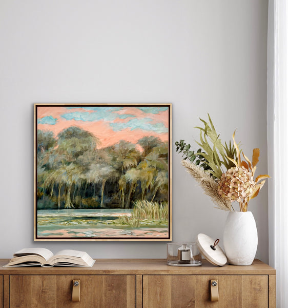 It's Only Natural 24 x24" lake painting in solid wood floater frame