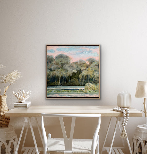 It's Only Natural 24 x24" lake painting in solid wood floater frame