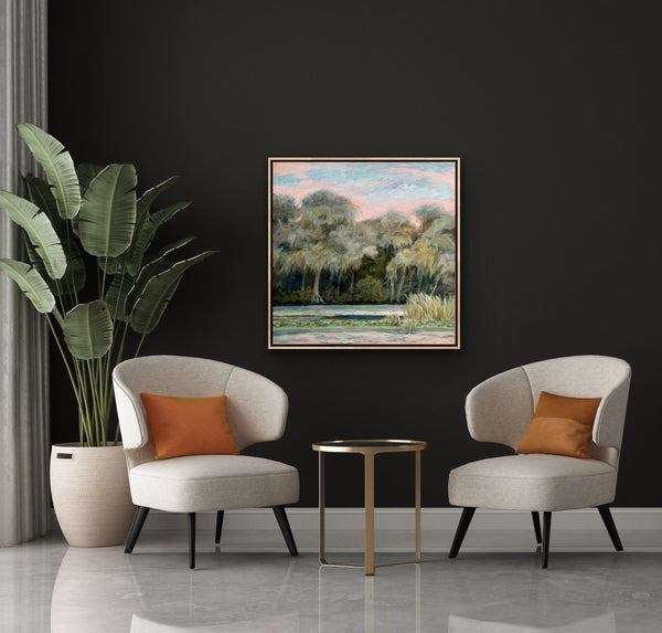It's Only Natural 24 x24" lake painting in solid wood floater frame