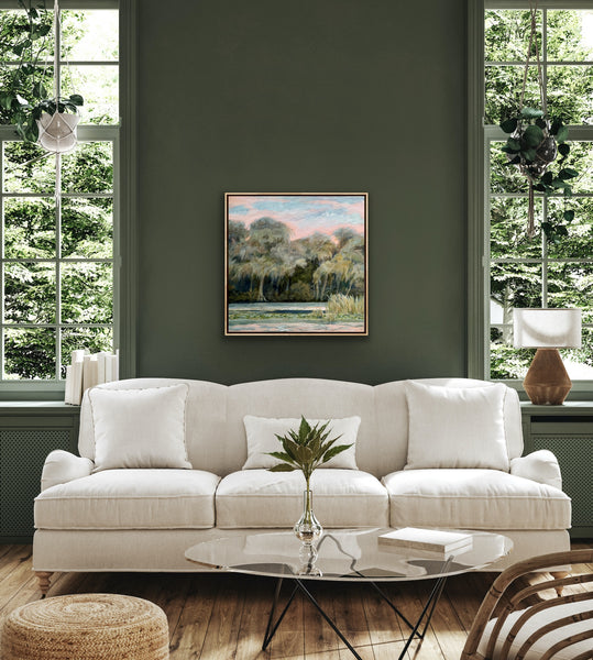 It's Only Natural 24 x24" lake painting in solid wood floater frame