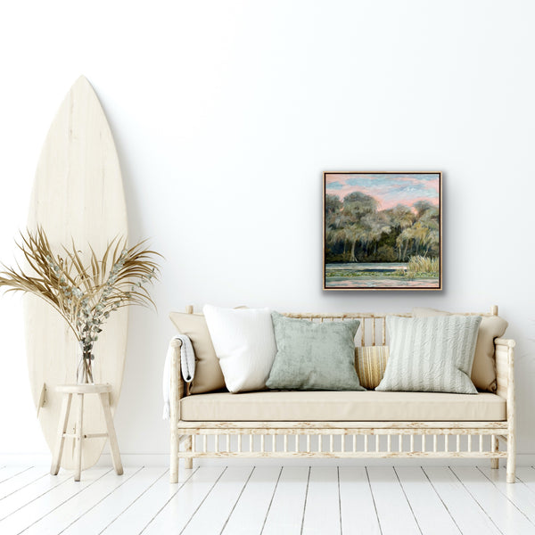 It's Only Natural 24 x24" lake painting in solid wood floater frame