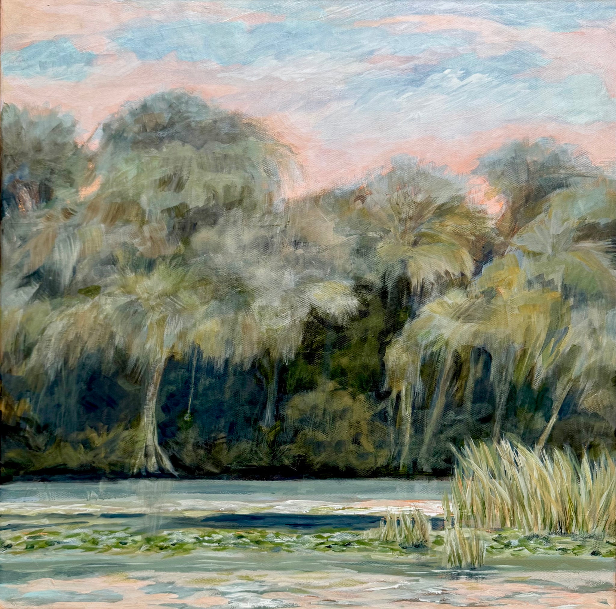 It's Only Natural 24 x24" lake painting in solid wood floater frame
