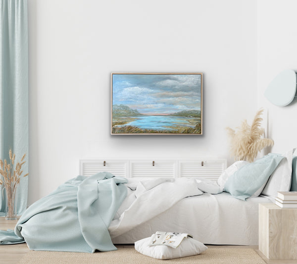 Mellow Moments 24 x36" marsh painting in solid wood floater frame