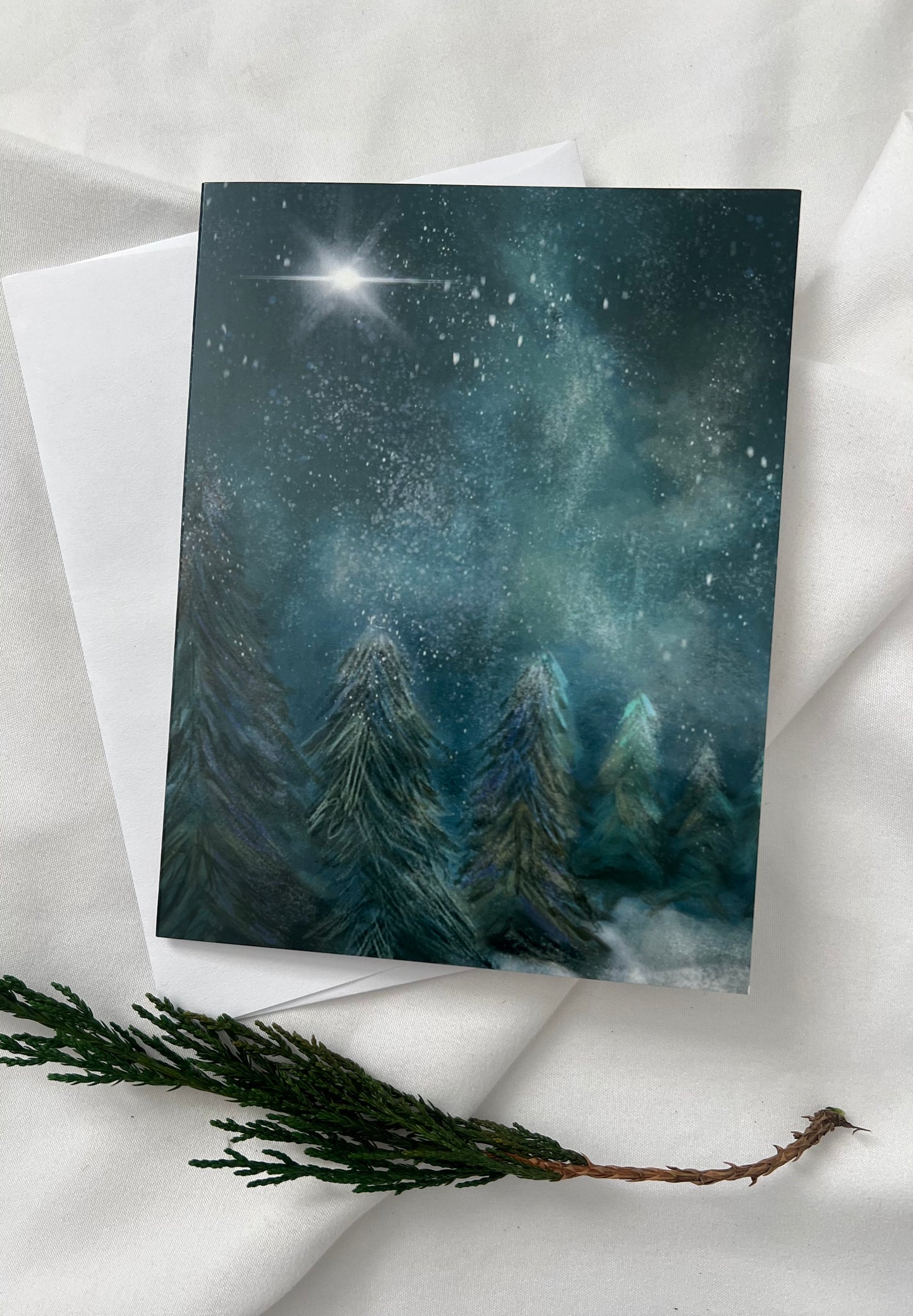 Night time Snow Fall Christmas Trees Folded Card set 10-