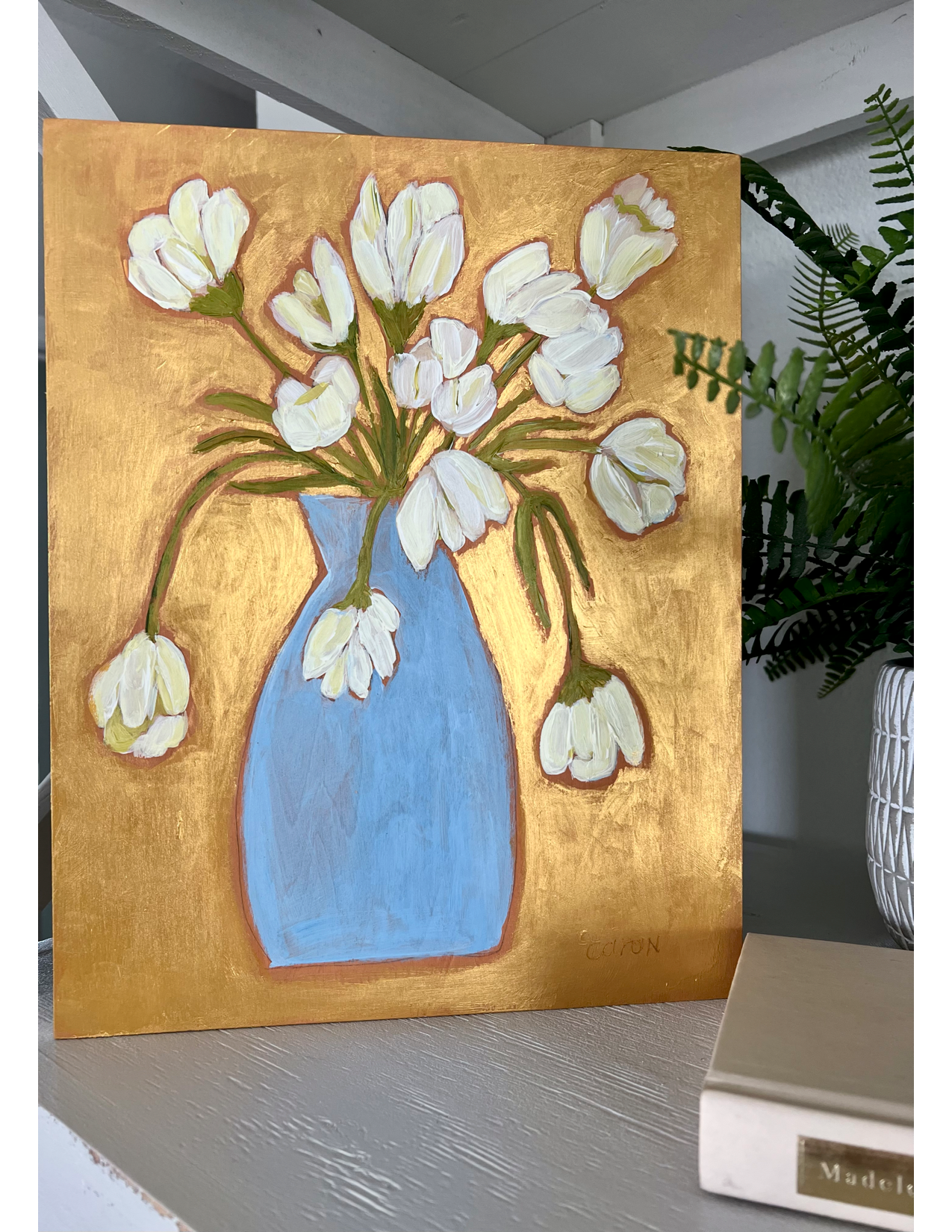 "Good As Gold" original floral painting on wood